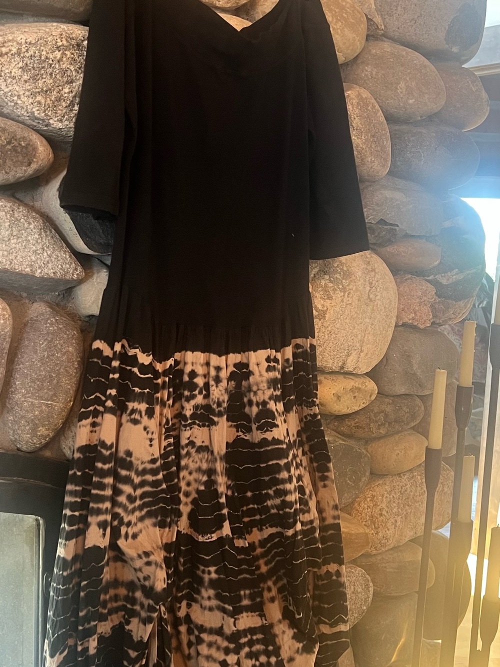 Black & Tan Tie-Dye Maxi Dress - Women's  Boatn Neck,off the shoulder3/4 sleeve